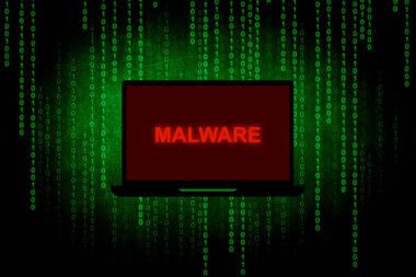 Malware üstünde Laptop ekran, bilgisayar korsanı ya da siber saldırı kavramı geçmişi 