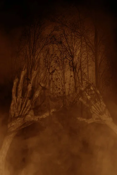 Manos del mal en el bosque embrujado, ilustración 3d, fondo concepto de horror — Foto de Stock