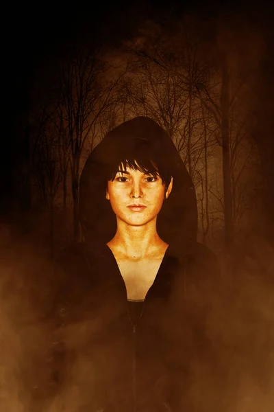 Donna persa nel bosco, illustrazione 3d, Concetto di orrore sfondo — Foto Stock
