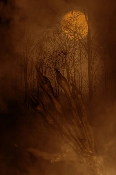 Mão do mal na floresta assombrada, ilustração 3d, fundo conceito Horror — Fotografia de Stock