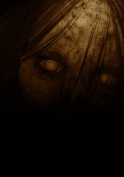 3d illustration close up face of scary woman creature in the dark
