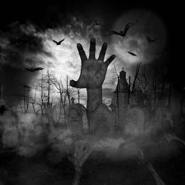 zombi veya mezarlık undead yükselen bir Cadılar Bayramı kavramı arka 3D çizimi