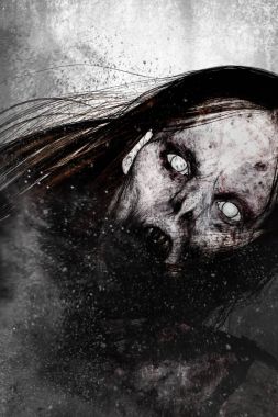 Korkunç hayalet kadın, korku arka plan karışık medya yakından 3D çizimi