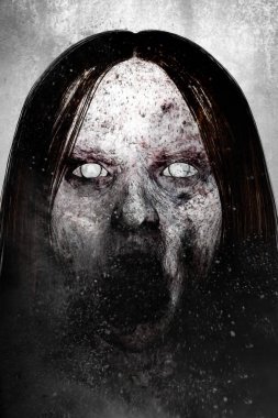 Korkunç hayalet kadın, korku arka plan karışık medya yakından 3D çizimi