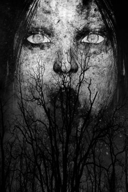 Korkunç hayalet kadın ormanda, korku arka plan karışık medya yakından 3D çizimi