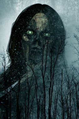 Korkunç hayalet kadın ormanda, korku arka plan karışık medya yakından 3D çizimi