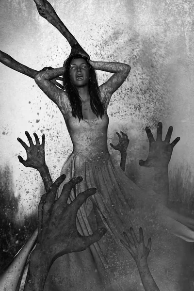 3d illustration of ghost woman with hands of undead from the ground,Scary background mixed media — Stock Photo, Image