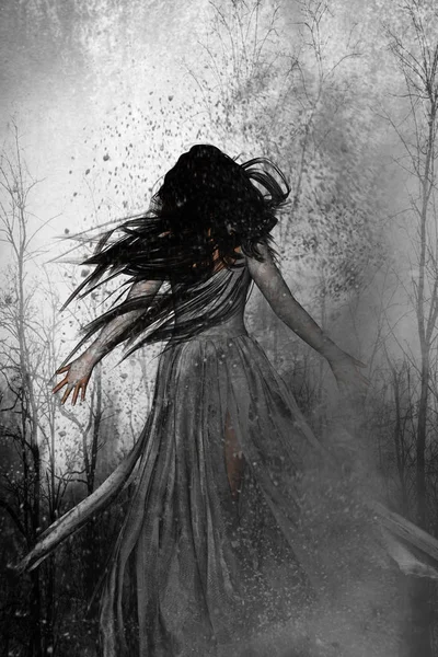 3d ilustración de la mujer perdida en el bosque, asustadizo fondo mixto — Foto de Stock