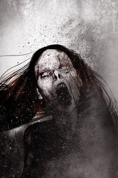 3D illustration av närbild scary ghost kvinna, skräck bakgrund blandteknik — Stockfoto