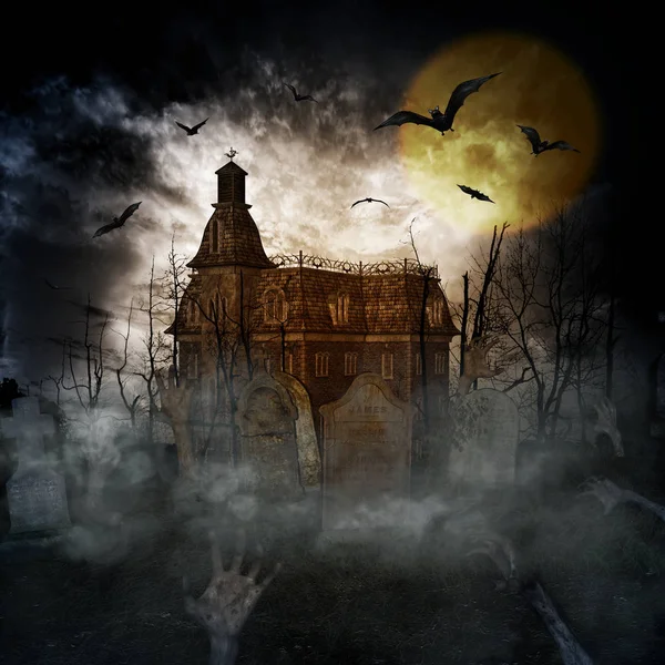 Cadılar Bayramı kavramı arka plan kale ve mezarlık, korku arka plan 3D çizimi 