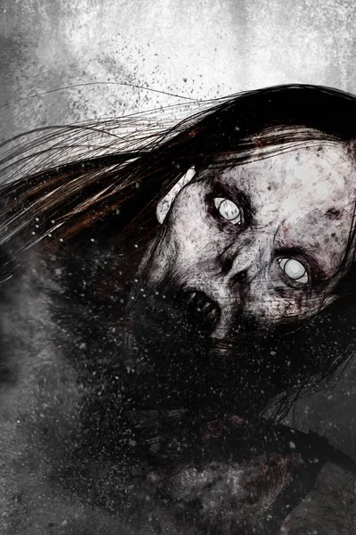 Korkunç hayalet kadın, korku arka plan karışık medya yakından 3D çizimi