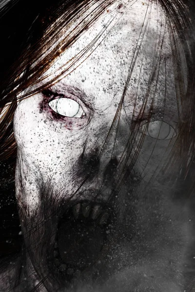 Korkunç hayalet kadın, korku arka plan karışık medya yakından 3D çizimi