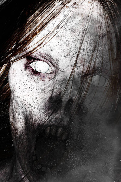 3D иллюстрация крупным планом страшный призрак женщина, ужас фоне смешанных СМИ
