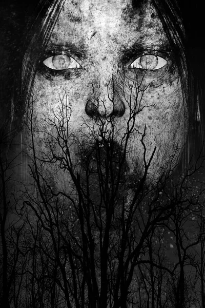 3d illustration of close up scary ghost woman in the woods,Horror background mixed media — Stock Photo, Image