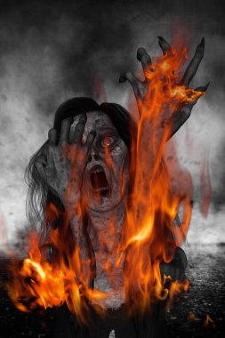 Korkunç hayalet kadın çığlığı ile yanan ateşi 3D çizimi
