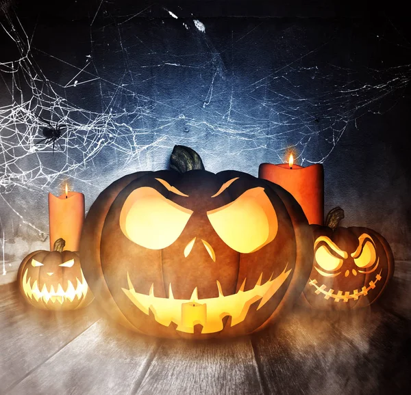 Halloween pumpkins ahşap zemin zemin üzerine 3D çizimi — Stok fotoğraf