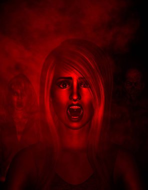 3D illüstrasyon kadın arkadan hayaletlerden korkar