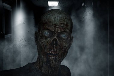 Kanlı zombi adam portre, korku arka plan 3D çizimi 