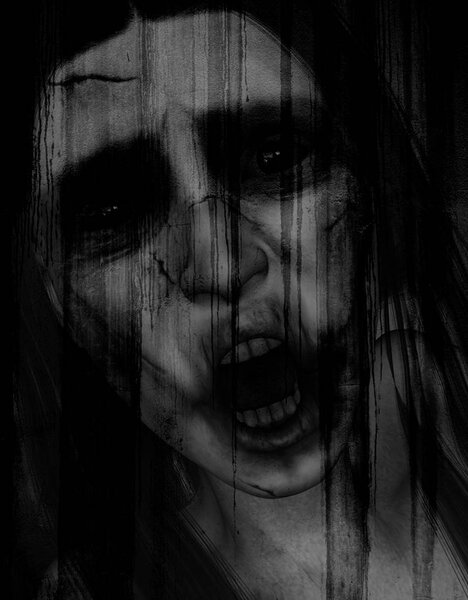 3d illustration of scary ghost woman in grunge background