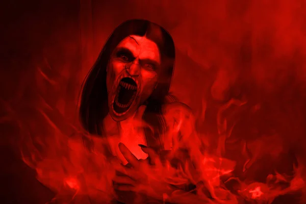 3d ілюстрація страшної розлюченої жінки-привида, що кричить у пеклі, Hor — стокове фото