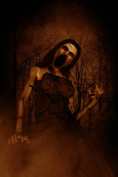 3d illustration of scary angry ghost woman screaming in the wood — Stock Photo, Image