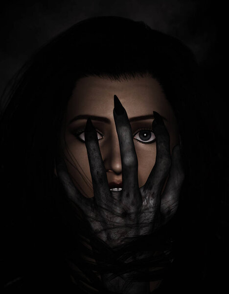 3d illustration of hand of evil on woman face