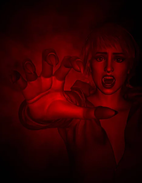 Ilustración 3d de la mujer con la bestia de la mano, fondo del horror — Foto de Stock