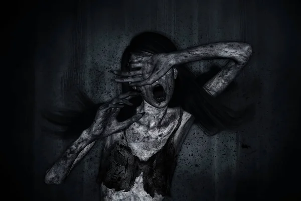 3d иллюстрация страшной женщины-призрака стонет в темноте — стоковое фото