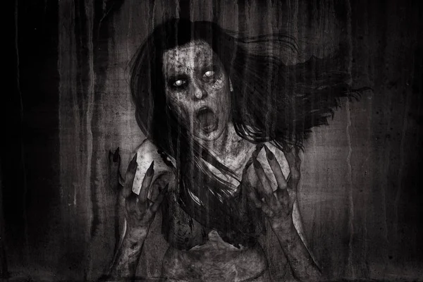3D απεικόνιση τρομακτικό φάντασμα γυναίκας γκρίνια στο σκοτάδι — Φωτογραφία Αρχείου