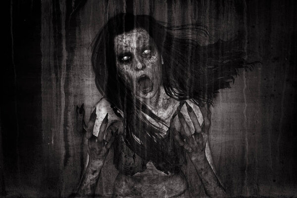 3d иллюстрация страшной женщины-призрака стонет в темноте
