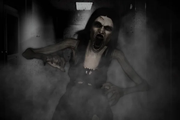 3d ілюстрація страшної жінки-привида в будинку з привидами, спина жахів — стокове фото