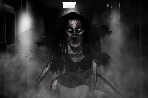 3d ілюстрація страшної жінки-привида в темряві, фон жахів, змішані носії — стокове фото