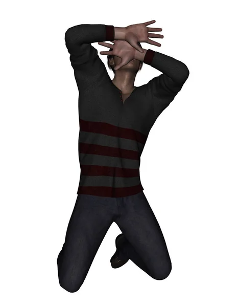 Representación 3d de un hombre usando su mano para ocultar su cara de algo aterrador —  Fotos de Stock