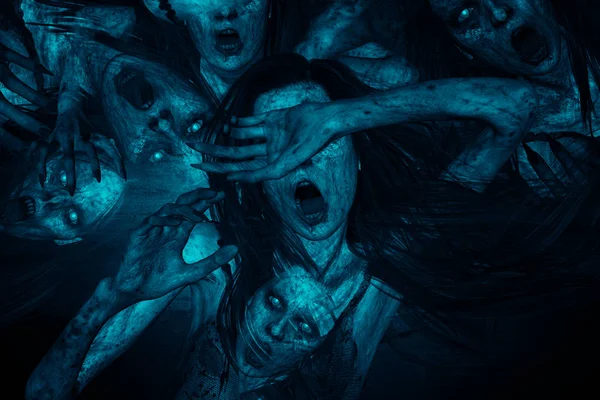 3D-Illustration einer gruseligen Geisterfrau, die im Dunkeln stöhnt — Stockfoto