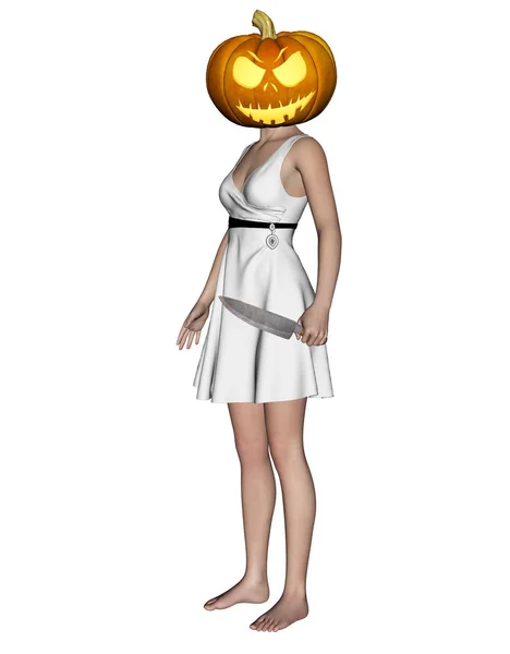 3d illustration of Woman halloween pumpkin head with knife in hand — Stock Photo, Image