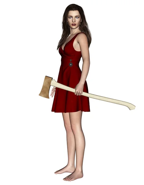 É hora de vingança, ilustração 3D de Mulher com um velho machado na mão — Fotografia de Stock
