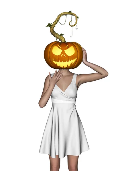 3D ilustracja kobiety głowy dyni Halloween na białym tle — Zdjęcie stockowe