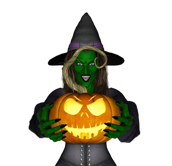 3d illustration of green witch holding jack-o'-lantern — Free Stock Photo