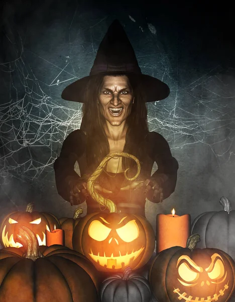 Ilustração 3d de bruxa fazendo magia para jack-o '-lanterna — Fotografia de Stock