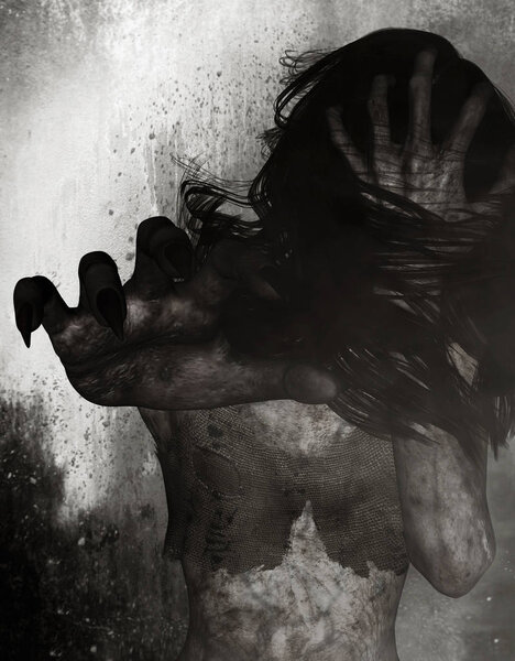 3D иллюстрация страшного призрака в темноте, фон ужаса, смешанные средства массовой информации
 