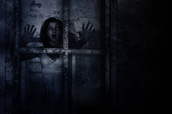 可怕的鬼女人在闹鬼的房子 恐怖背景 混合介质中三维图 — 图库照片