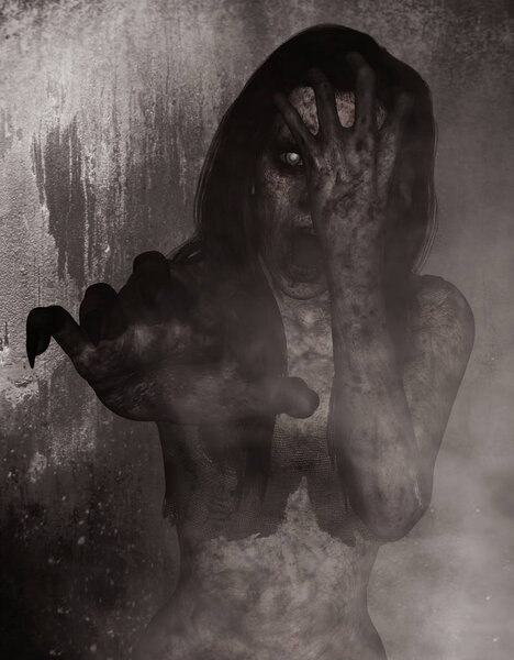 3D иллюстрация страшного призрака в темноте, фон ужаса, смешанные средства массовой информации
 