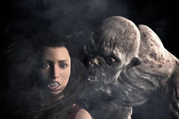 Ilustración Monstruo Miedo Fuera Oscuridad Atacar Una Mujer Estilo Luz — Foto de Stock