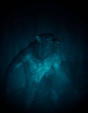 Karanlıkta, kurt adam 3d çizim 