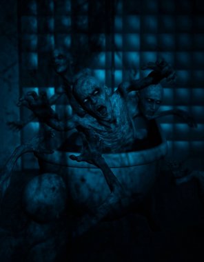 3D zombiler çiziminde küvet, korku arka plan 