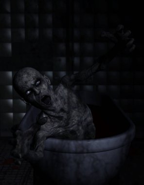 3D Zombie çiziminde küvet, korku arka plan 
