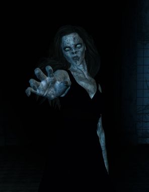 3D çizim, karanlık, korku arka planda korkunç hayalet kadın 