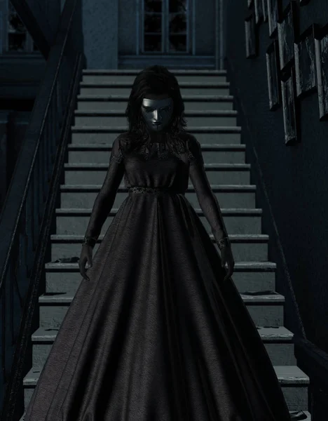 Ilustração 3d de mulher fantasma em casa assombrada, horror backgroun — Fotografia de Stock