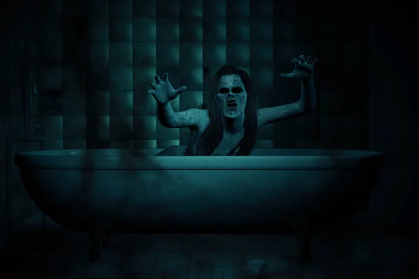 3d ilustración de miedo fantasma mujer en bañera, Horror backgroun — Foto de Stock