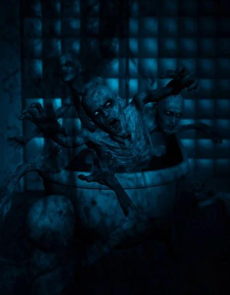 Illustrazione 3d di zombie nella vasca da bagno, sfondo Horror — Foto Stock
